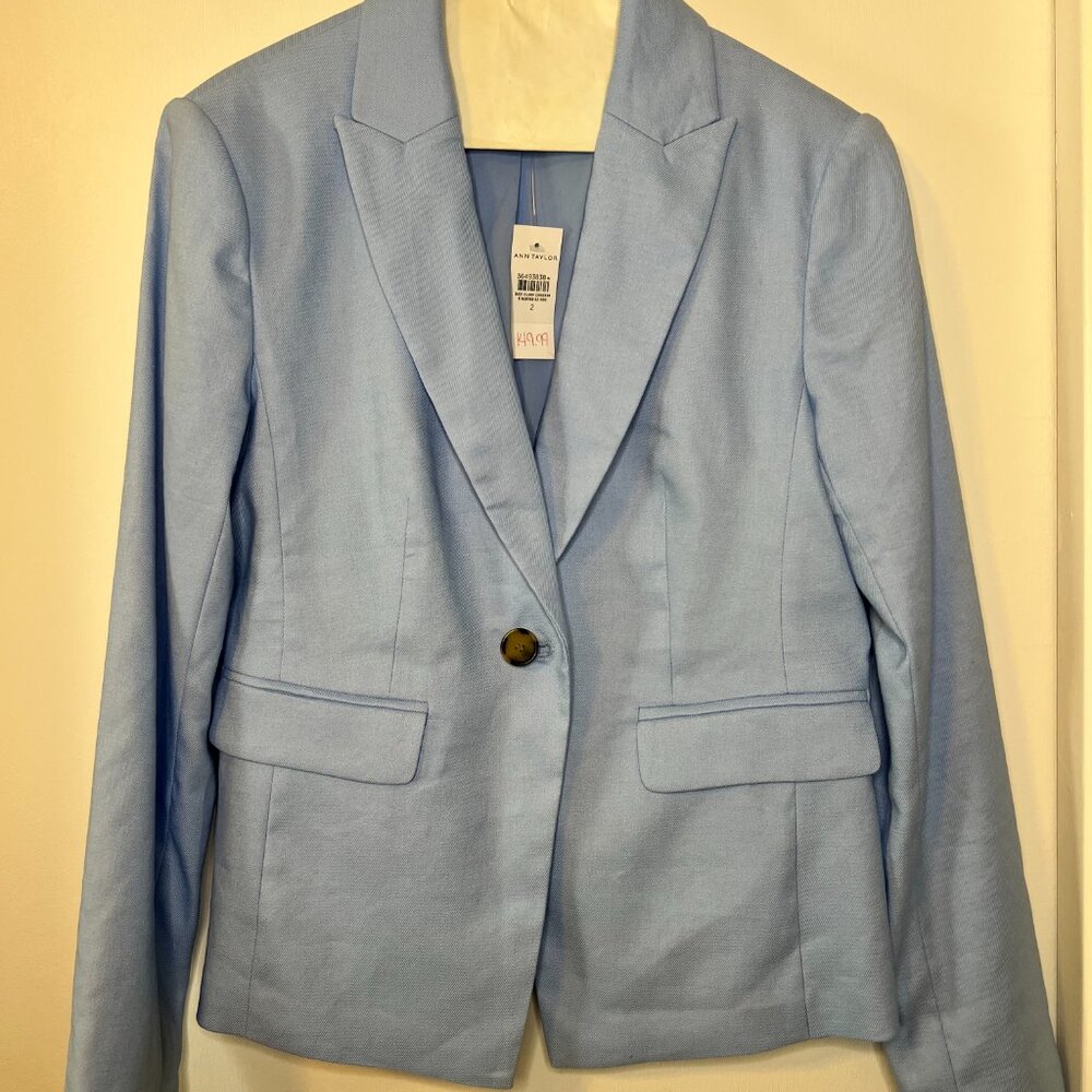 Ann Taylor NWT One-Button Peak Lapel Linen Twill Blazer Light Blue Size 2 - Picture 2 of 7